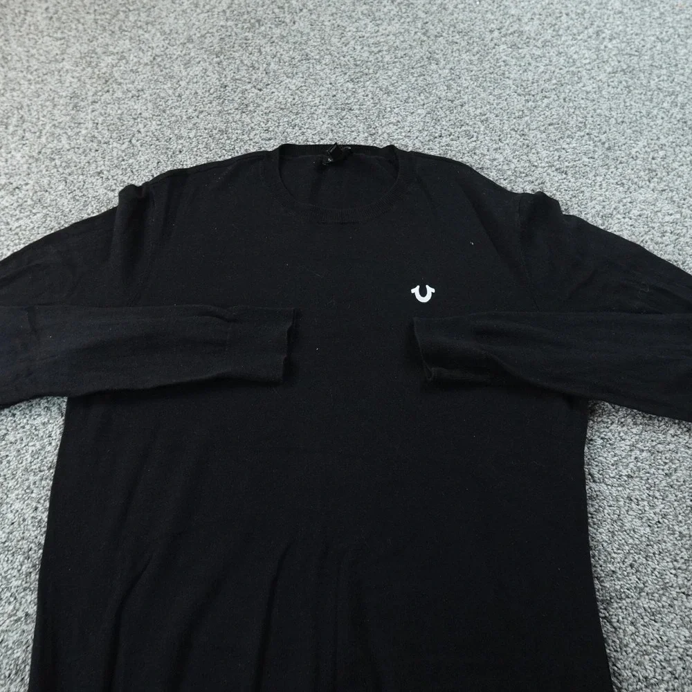 True Religion Sweater Mens L Black Pullover Crewneck Logo Long Sleeve Casual